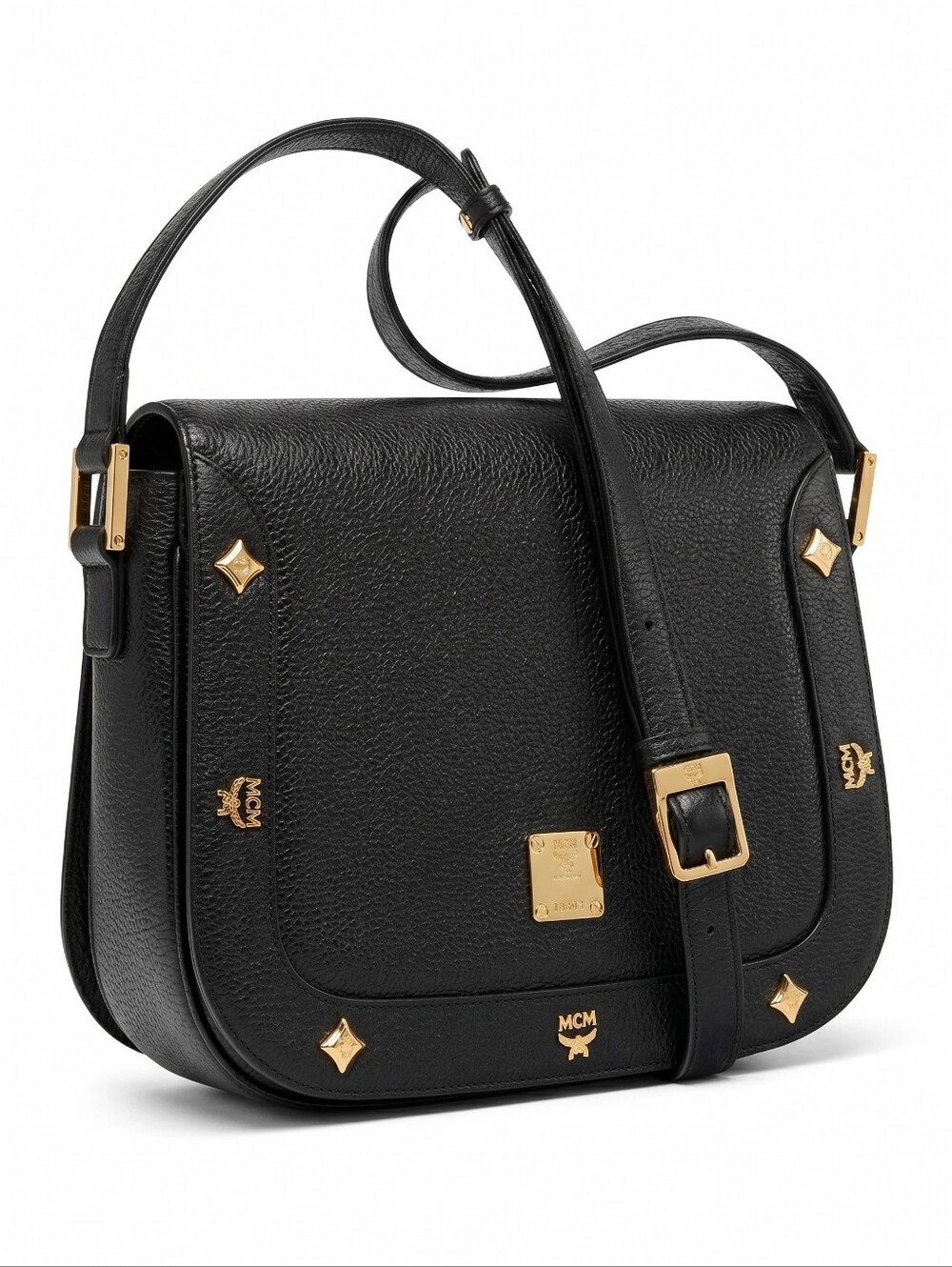 MCM Vintage Black Leather Studded Flap Crossbody Bag with Gold Hardware Accents